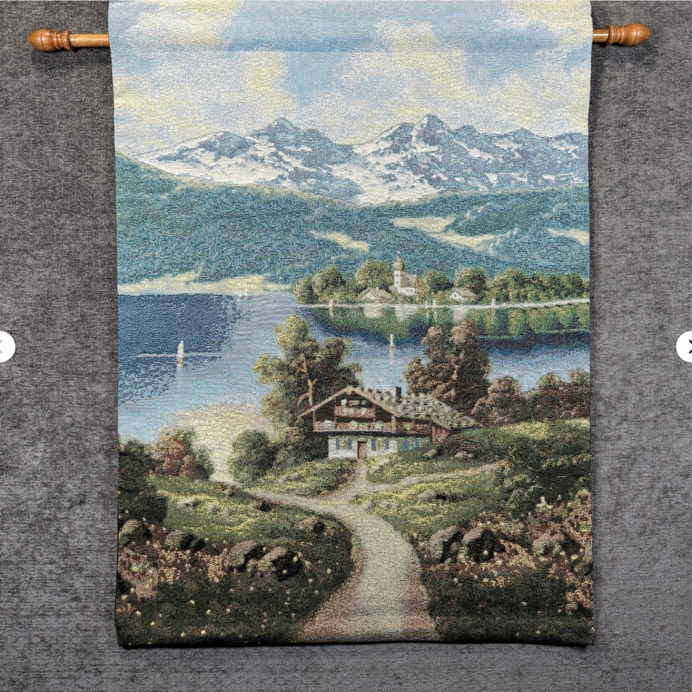 Manual Woodworkers Alpine Chalet Tapestry Wall Hanging 26x36 Mountain Cabin USA